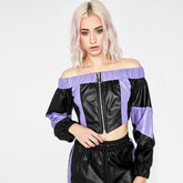 Schulterfreies Crop Top mit Farbblock und Reißverschluss vorne - Schwarz